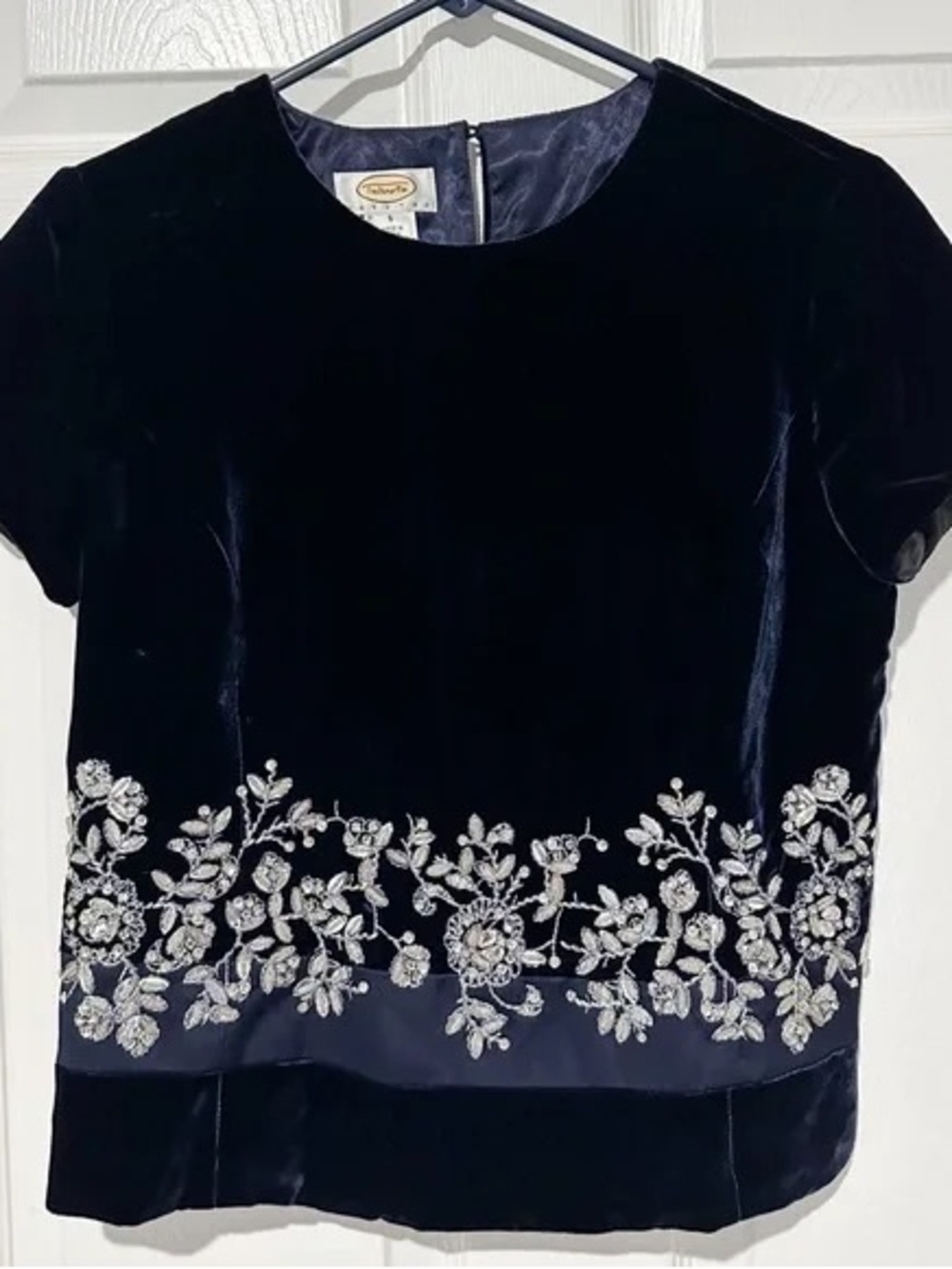 Embroidered Velvet Crop Top - Navy with Silver Floral Beading